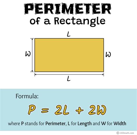 Perimeter for a rectangle - Possible Answers: To find the perimeter of any rectangle, add all of the sides up: 20 + 20 + 12 + 12 = 64 inches. You could use this formula as well: , where P = perimeter, l = …